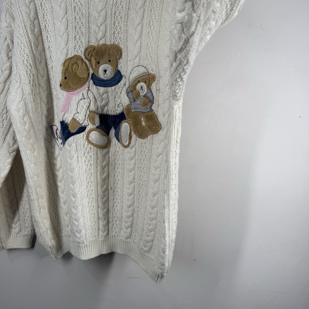 VTG Together! Sweater Womens L Cream Embroidered Teddy Bear Wool Cable Knit 90s - Picture 11 of 16